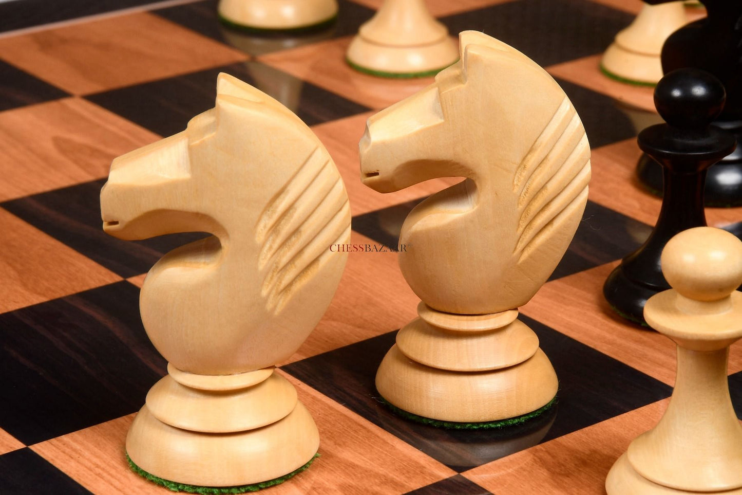 The 1950s Soviet (Russian) Latvian Reproduced Chess Pieces in Ebonized Boxwood & Natural Boxwood - 4.1" King
