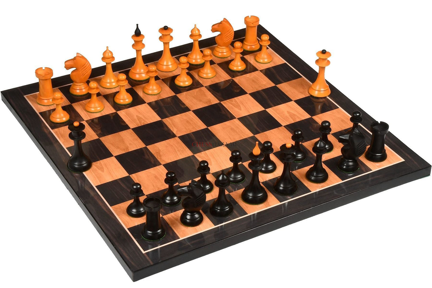 The 1950s Soviet (Russian) Latvian Reproduced Chess Pieces in Ebonized Boxwood / Antiqued Boxwood - 4.1" King