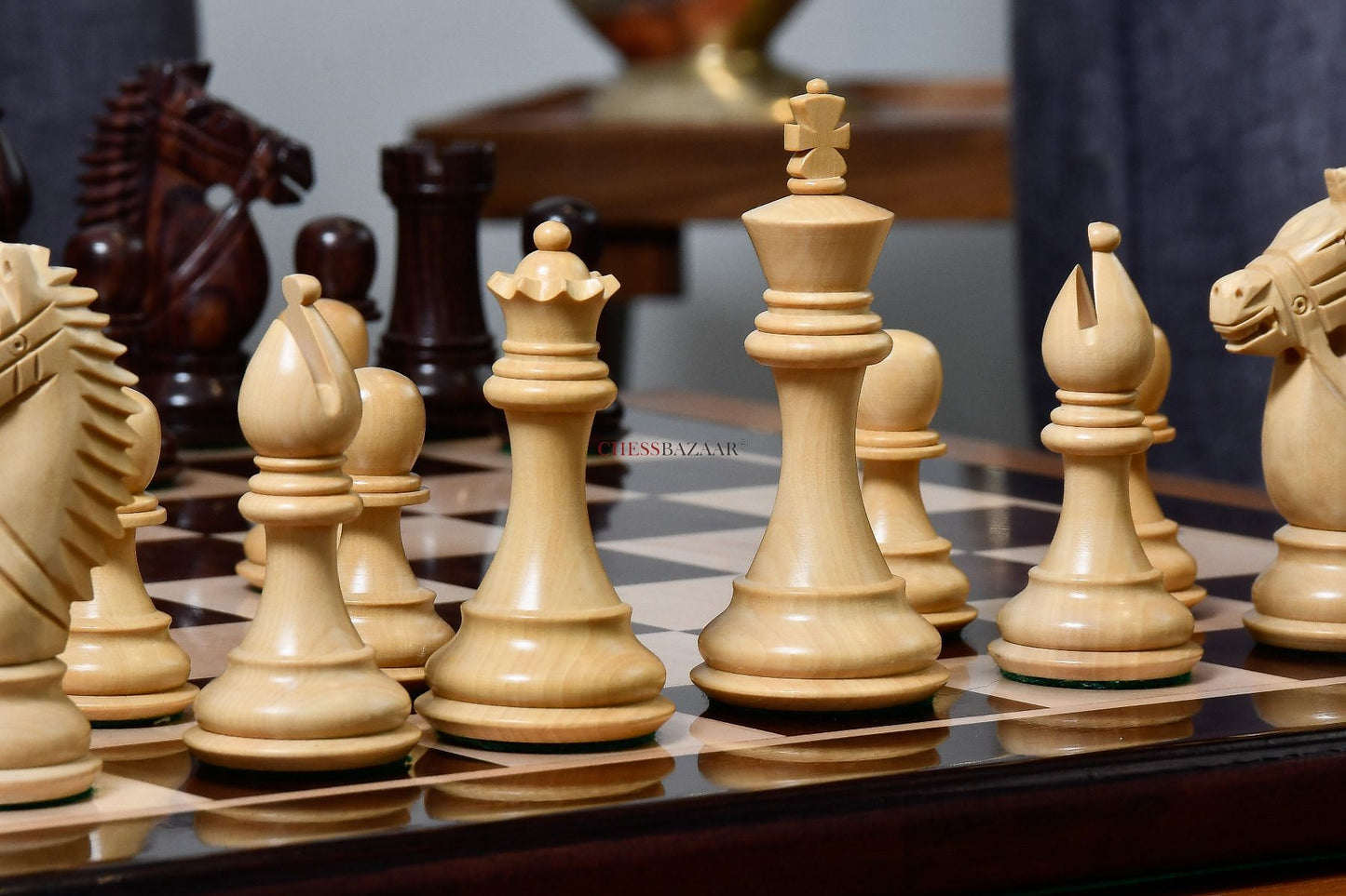 The Bridle Knight Series Wooden Chess Pieces in Indian Rosewood & Box Wood - 4.1" King