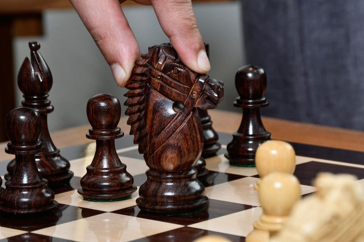 The Bridle Knight Series Wooden Chess Pieces in Indian Rosewood & Box Wood - 4.1" King