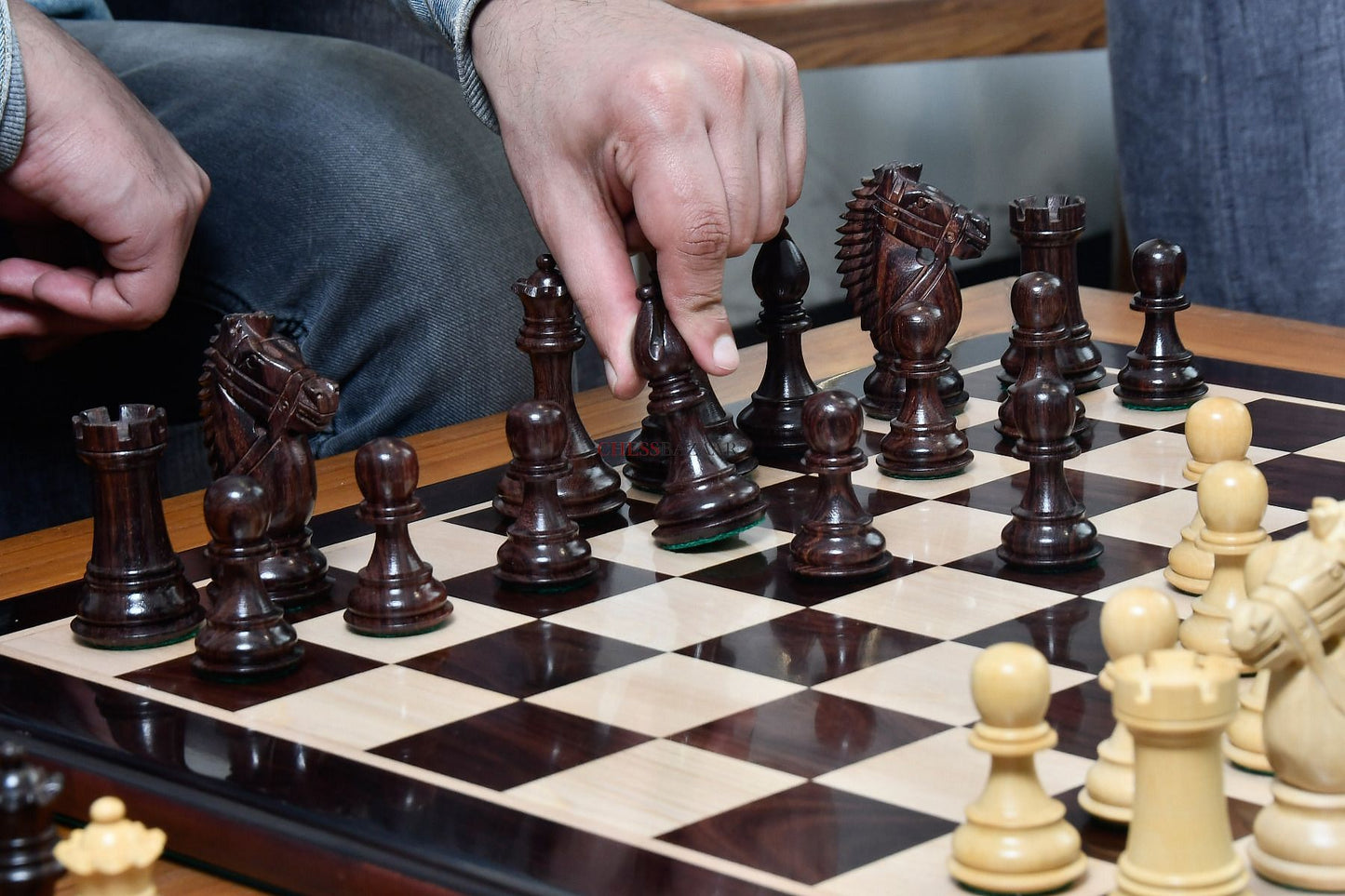 The Bridle Knight Series Wooden Chess Pieces in Indian Rosewood & Box Wood - 4.1" King