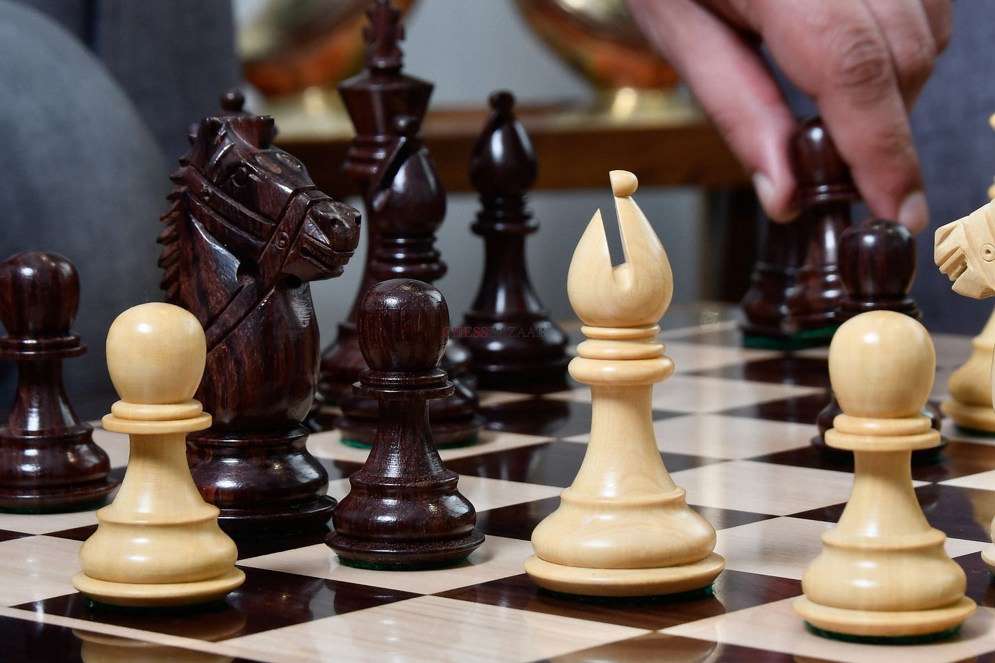 The Bridle Knight Series Wooden Chess Pieces in Indian Rosewood & Box Wood - 4.1" King