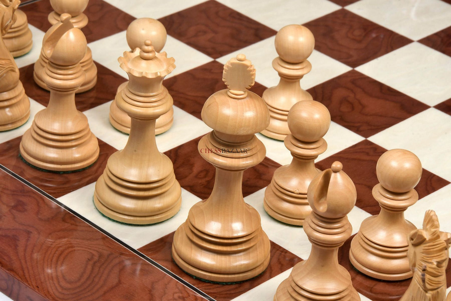New Indian-American Luxury Series Triple Weighted Chess Pieces in Bud Rosewood(Padauk) / Box Wood Ver 2.0 - 4.4" King