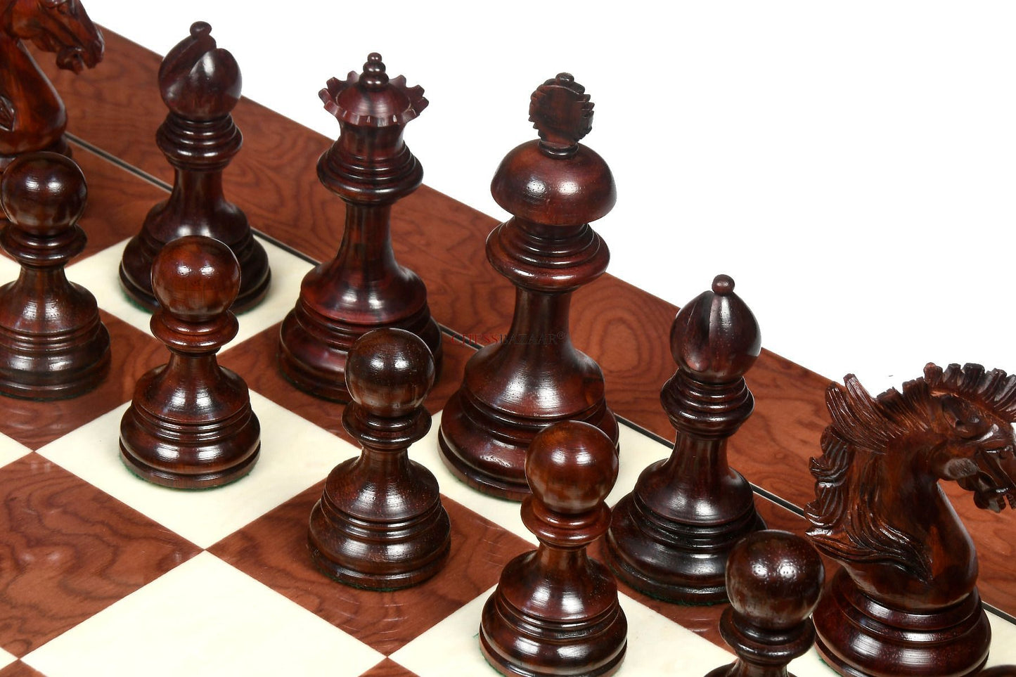 New Indian-American Luxury Series Triple Weighted Chess Pieces in Bud Rosewood(Padauk) / Box Wood Ver 2.0 - 4.4" King