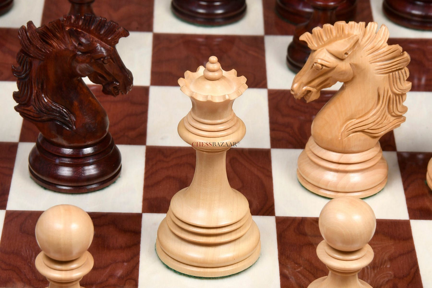 New Indian-American Luxury Series Triple Weighted Chess Pieces in Bud Rosewood(Padauk) / Box Wood Ver 2.0 - 4.4" King
