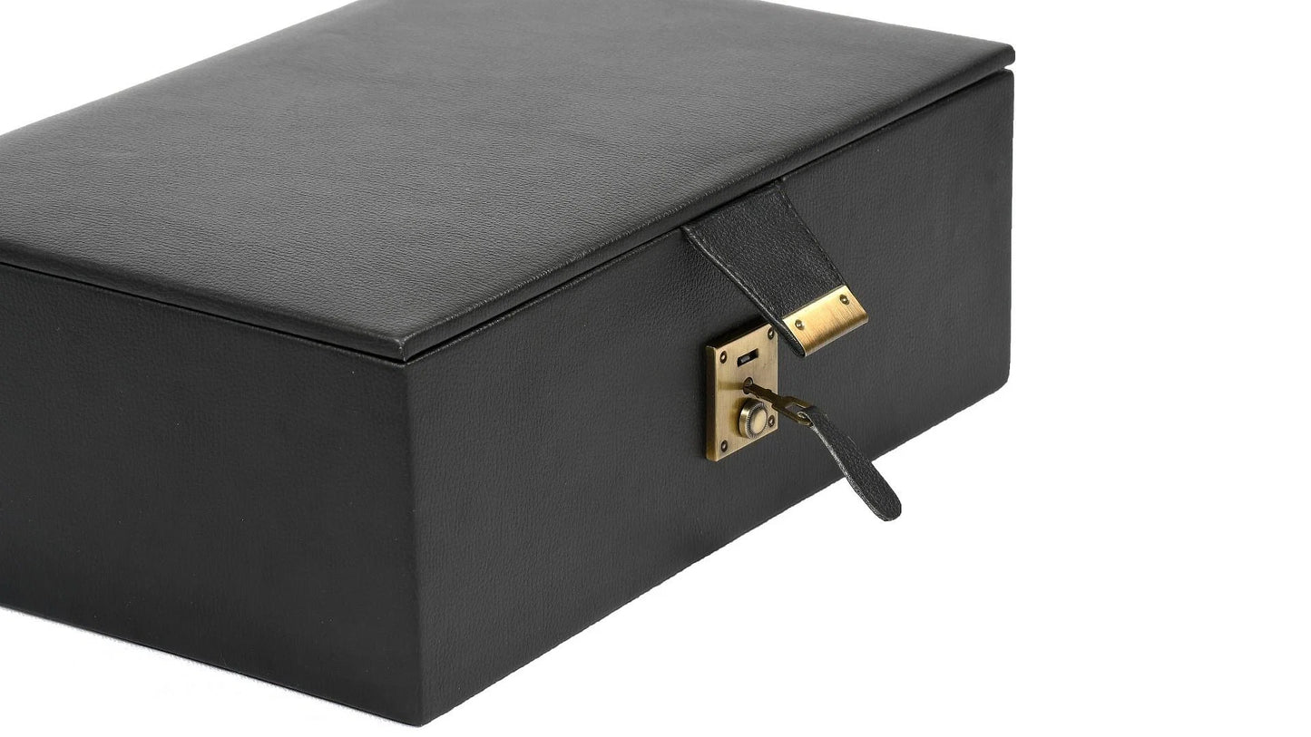 Leatherette Chess Set Storage Box with Double Tray Fixed Slots for 4" - 4.25" Pieces in Black