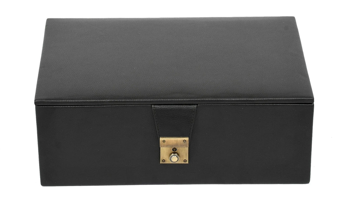 Leatherette Chess Set Storage Box with Double Tray Fixed Slots for 4" - 4.25" Pieces in Black