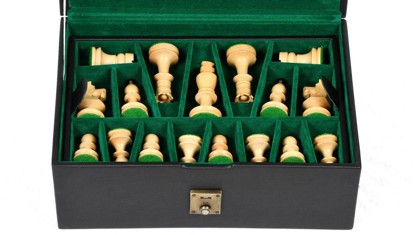 Leatherette Chess Set Storage Box with Double Tray Fixed Slots for 4" - 4.25" Pieces in Black