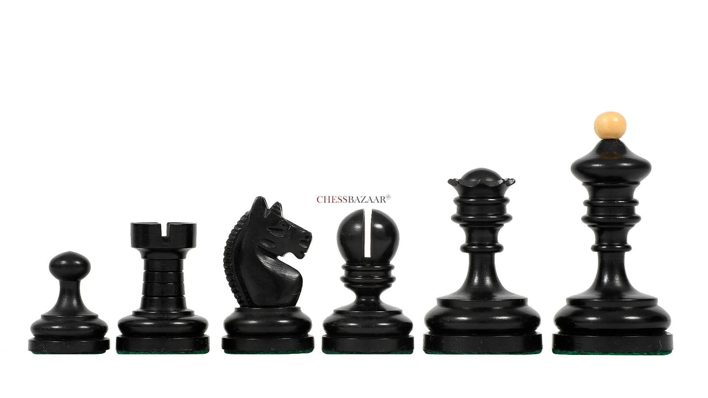 Reproduced Vintage 1930 German Knubbel Analysis Chess Pieces in Ebonized and Natural Boxwood - 3" King