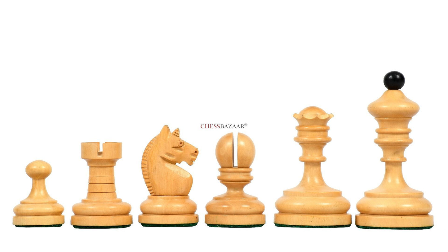 Reproduced Vintage 1930 German Knubbel Analysis Chess Pieces in Ebonized and Natural Boxwood - 3" King
