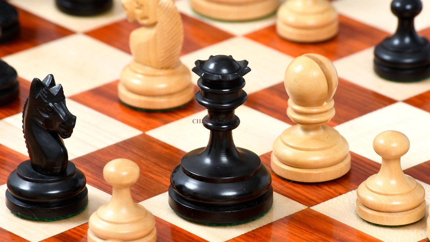 Reproduced Vintage 1930 German Knubbel Analysis Chess Pieces in Ebonized and Natural Boxwood - 3" King