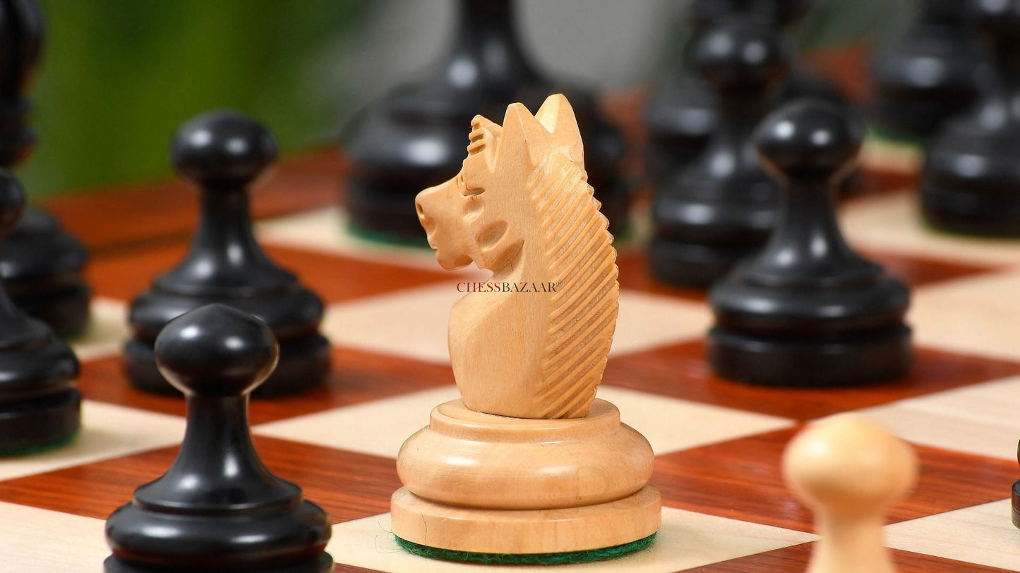 Reproduced Vintage 1930 German Knubbel Analysis Chess Pieces in Ebonized and Natural Boxwood - 3" King