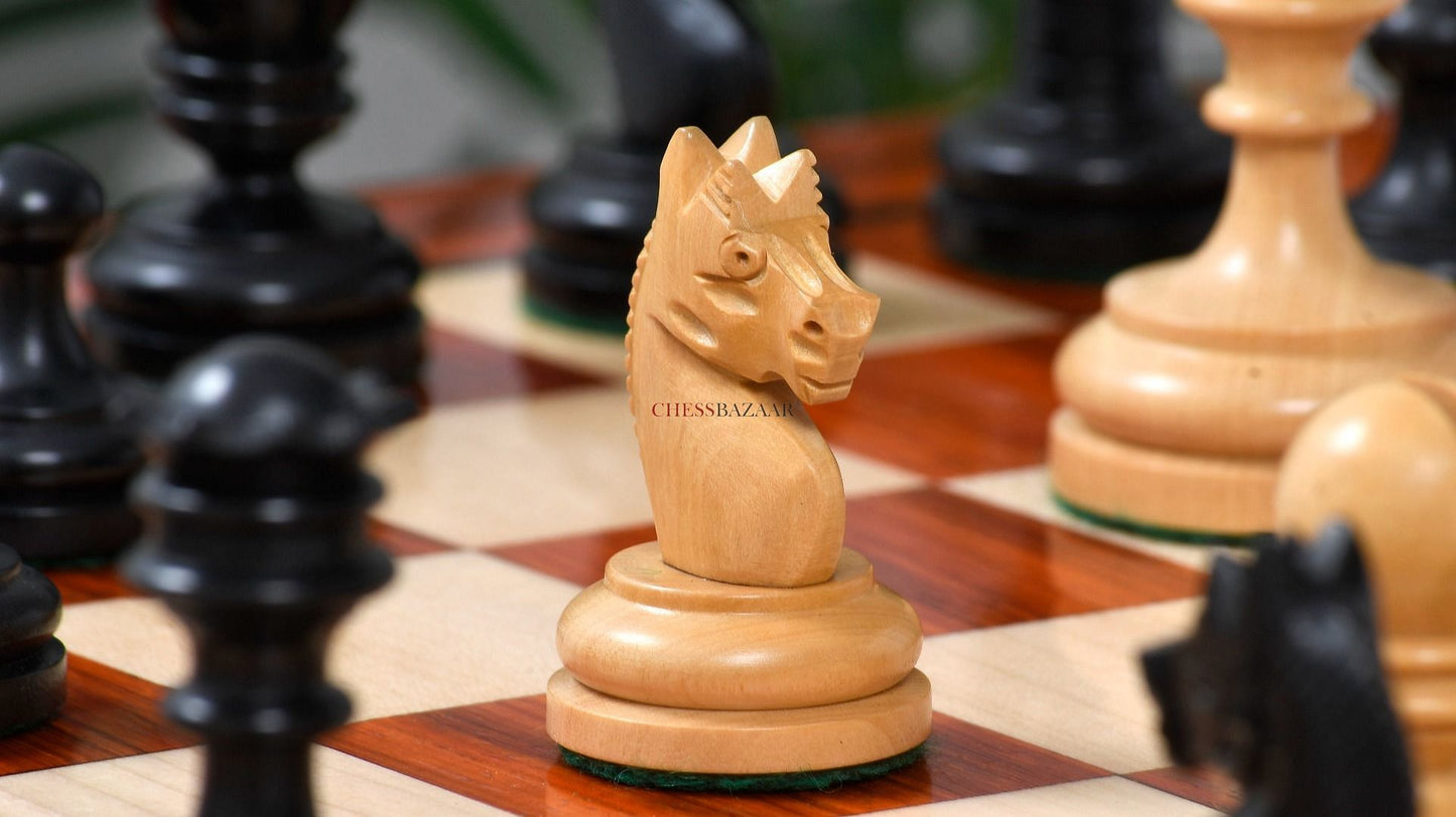 Reproduced Vintage 1930 German Knubbel Analysis Chess Pieces in Ebonized and Natural Boxwood - 3" King