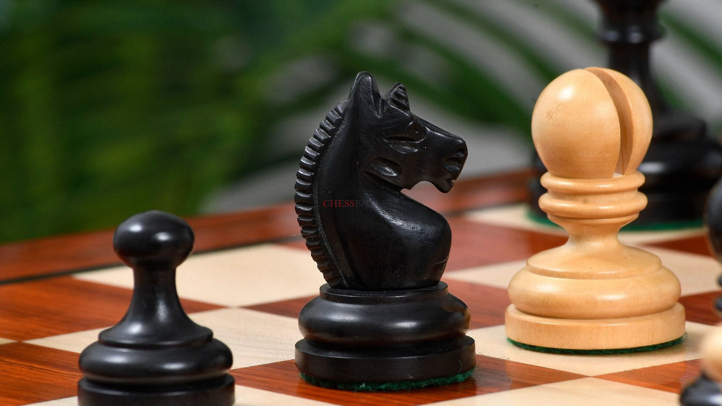 Reproduced Vintage 1930 German Knubbel Analysis Chess Pieces in Ebonized and Natural Boxwood - 3" King