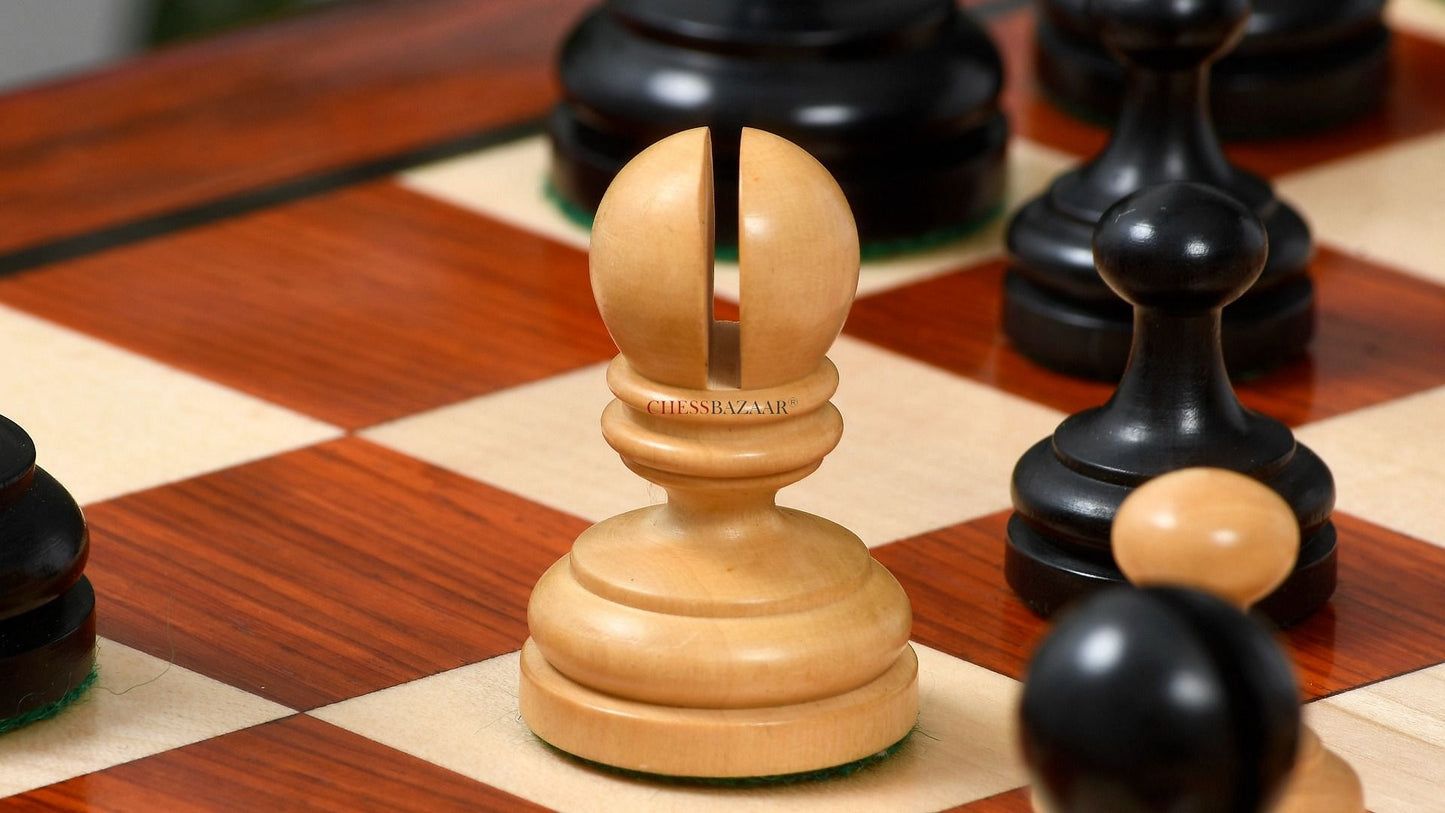 Reproduced Vintage 1930 German Knubbel Analysis Chess Pieces in Ebonized and Natural Boxwood - 3" King