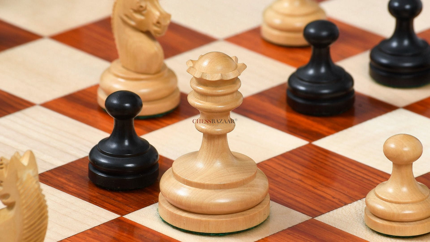 Reproduced Vintage 1930 German Knubbel Analysis Chess Pieces in Ebonized and Natural Boxwood - 3" King