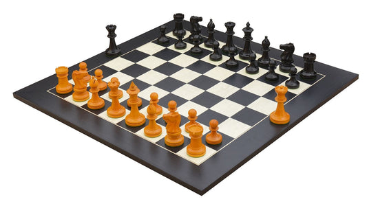 Repro 1904 Cambridge International Congress Pieces in Ebonized / Antiqued Boxwood - 4" King with Black Maple Board