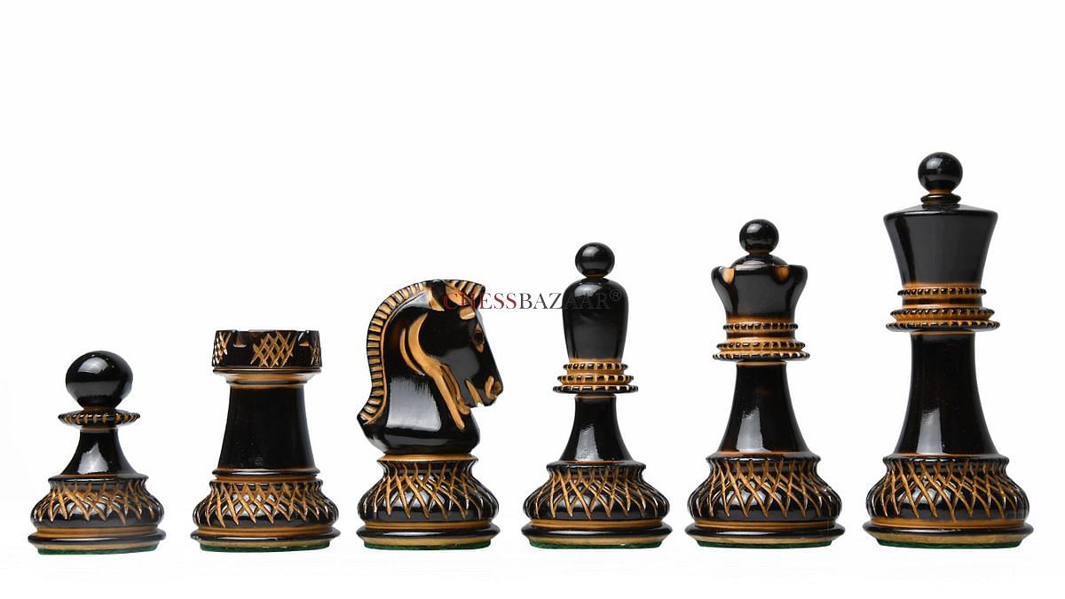 Closer look of Lacquer Finished Burnt & Natural Box Wood Dubrovnik chess pieces