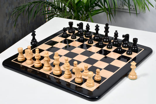 Combo of Repro French Lardy Exclusive Chess Pieces in Ebonized / Boxwood - 3.75" King with Chess Board