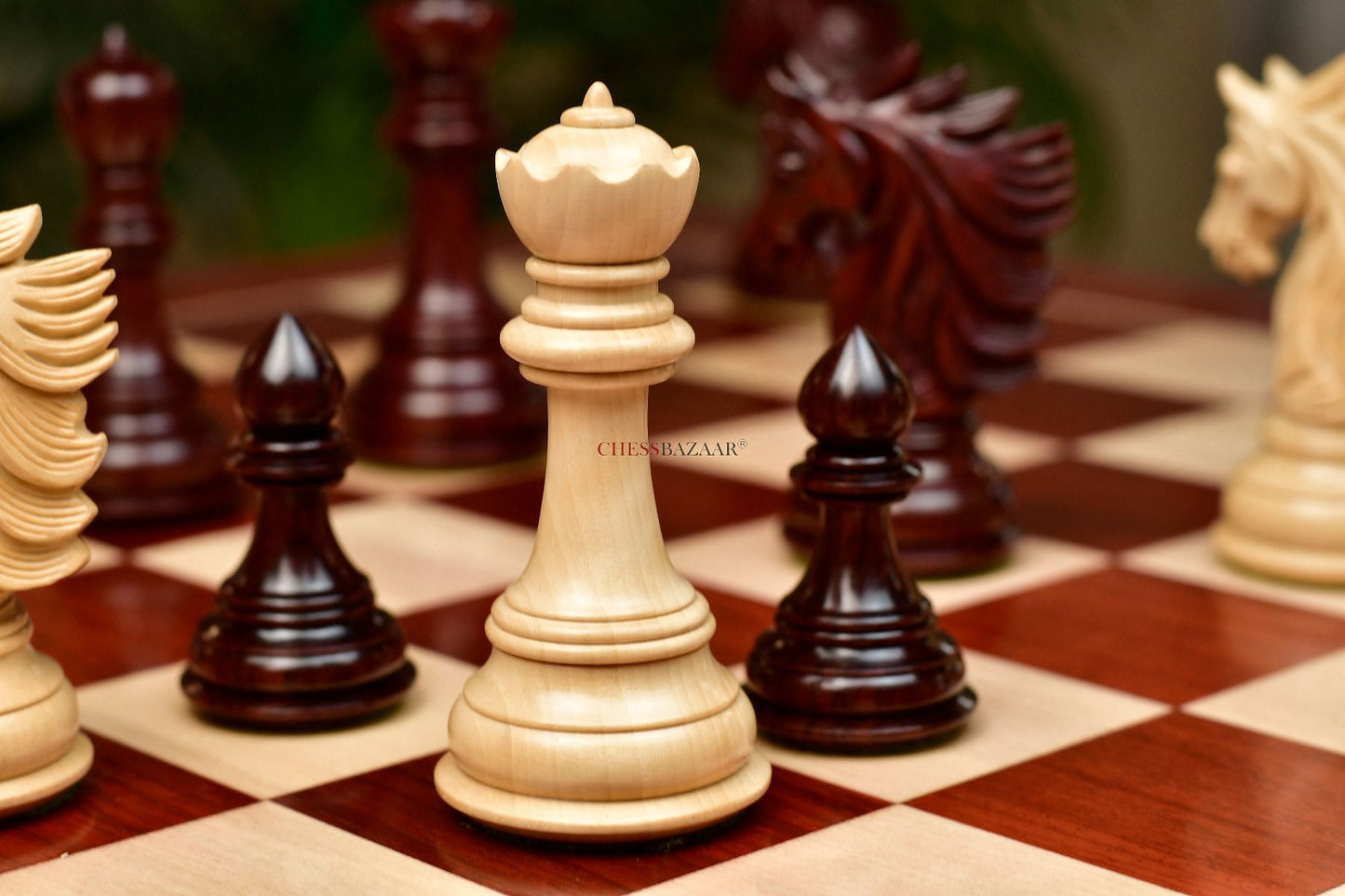 Combo of The Sher-E-Punjab Chess Pieces in Bud Rose Wood / Box Wood With Board & Box- 4.6" King