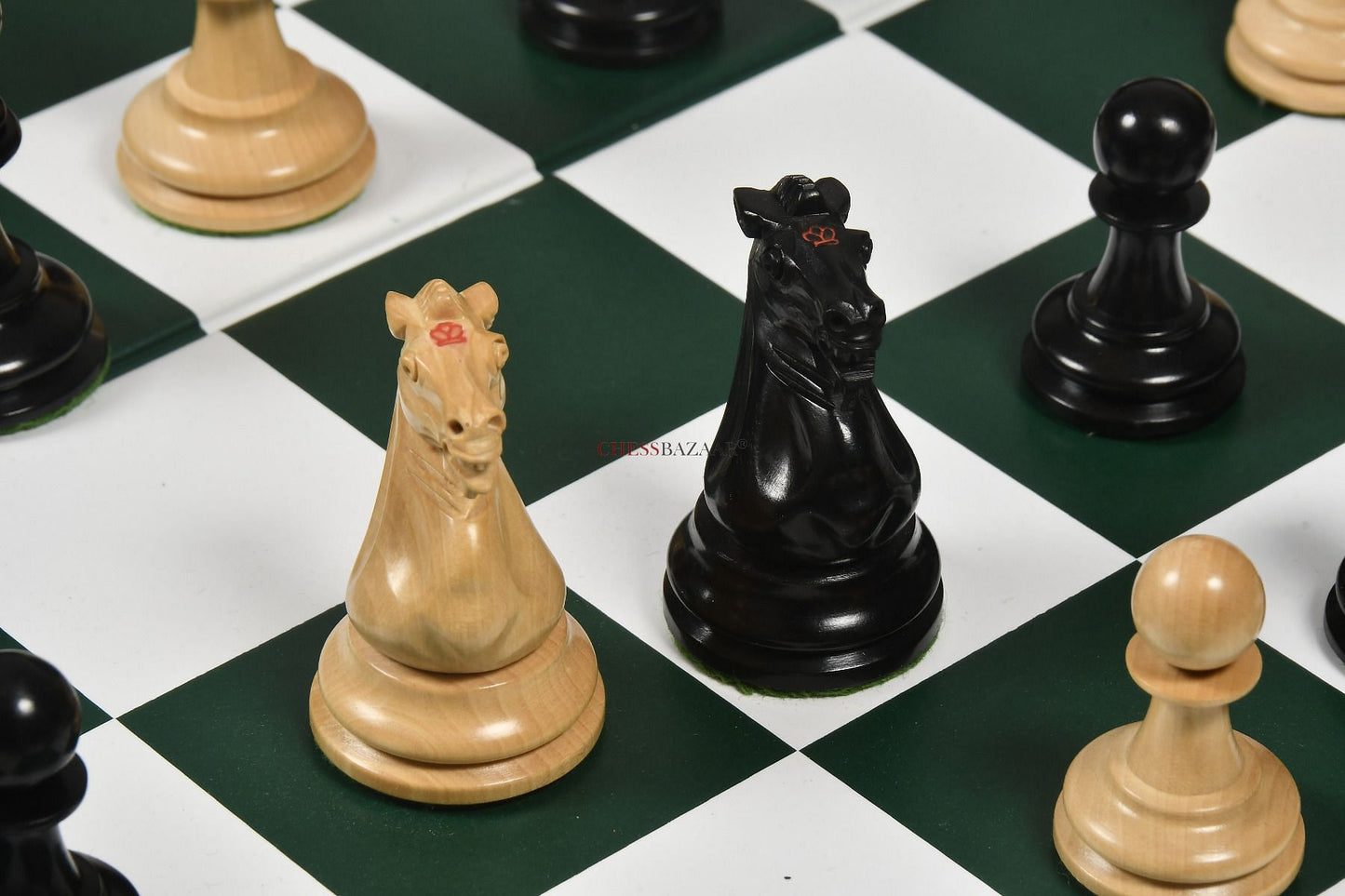 Reproduced Antique 1865-70 Steinitz Staunton Pattern Chess Pieces in Ebony / Box Wood with King Side Stamping - 3.75" King