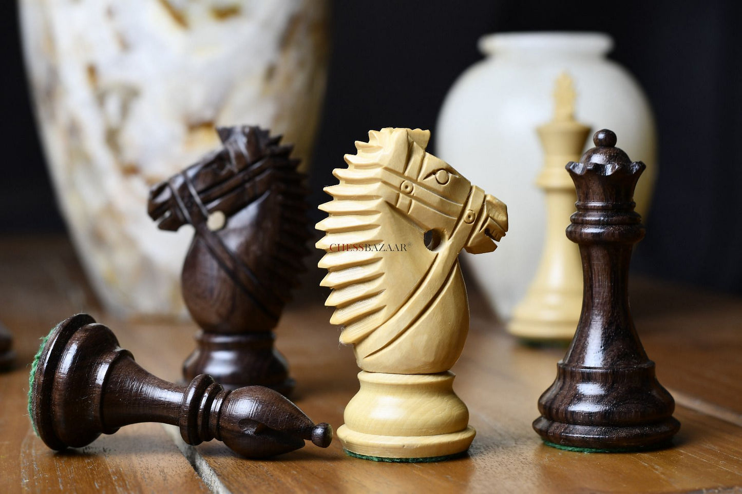 The Bridle Knight Series Wooden Chess Pieces in Indian Rosewood & Box Wood - 4.1" King