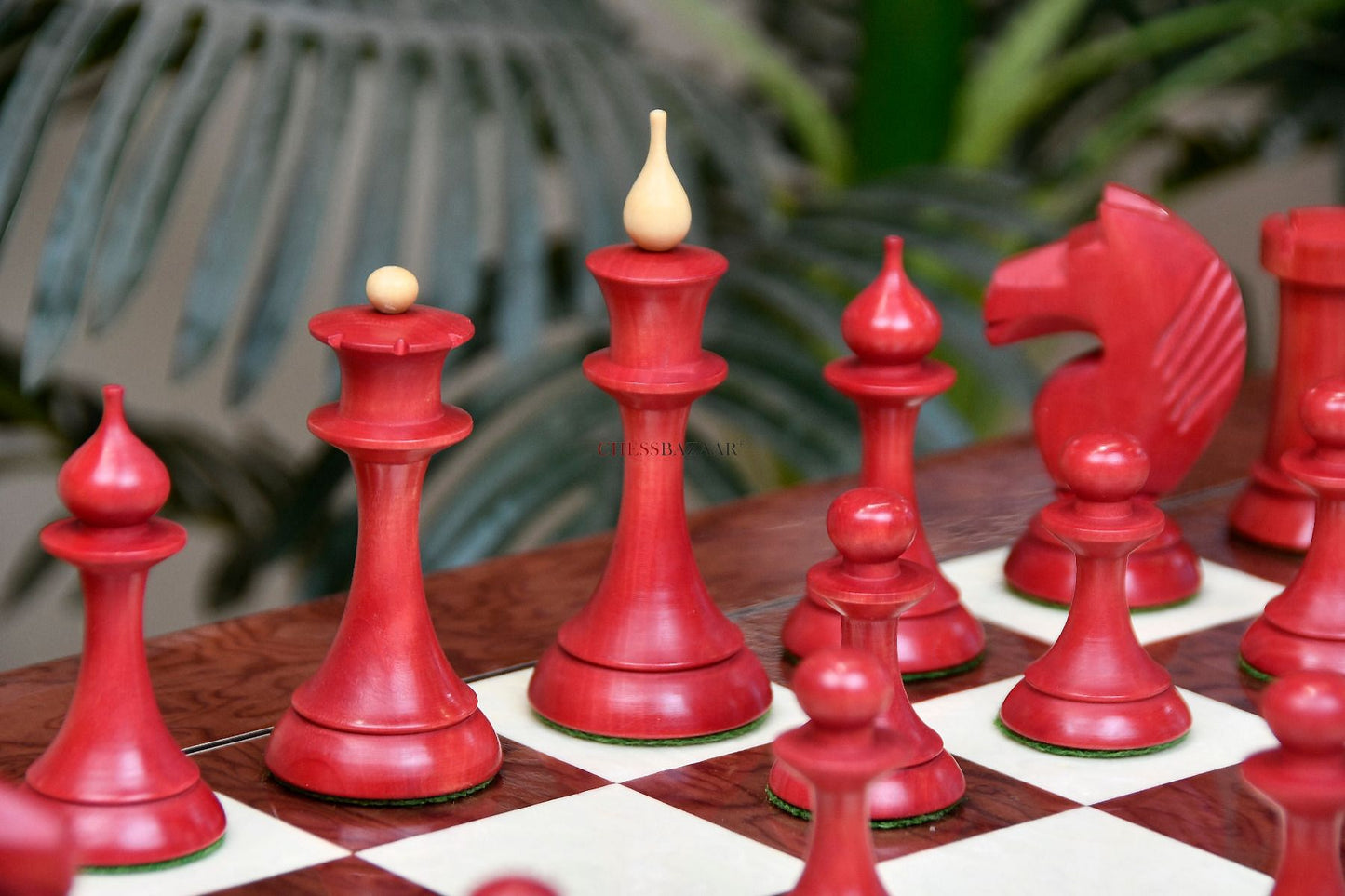 The 1950s Soviet (Russian) Latvian Chess Pieces in Stained Crimson / Box Wood With Board & Box - 4.1" King