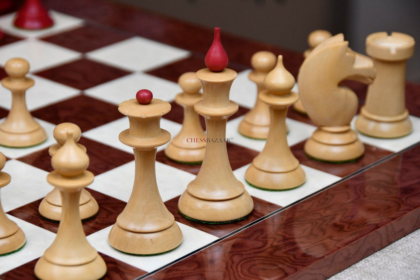 The 1950s Soviet (Russian) Latvian Chess Pieces in Stained Crimson / Box Wood With Board & Box - 4.1" King