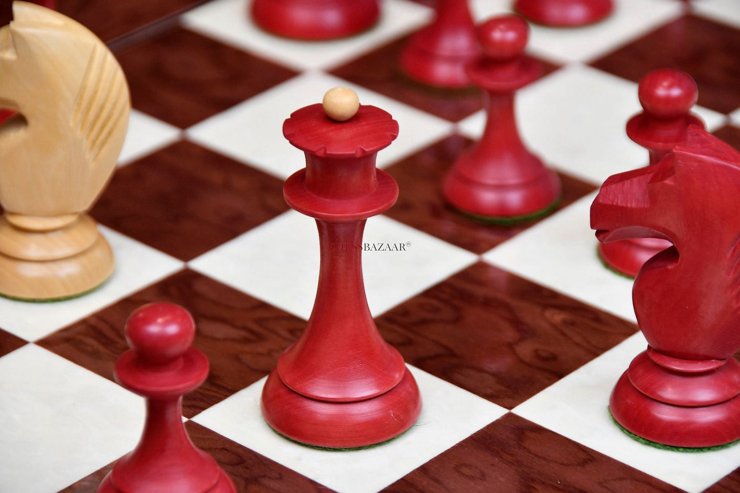 The 1950s Soviet (Russian) Latvian Chess Pieces in Stained Crimson / Box Wood With Board & Box - 4.1" King