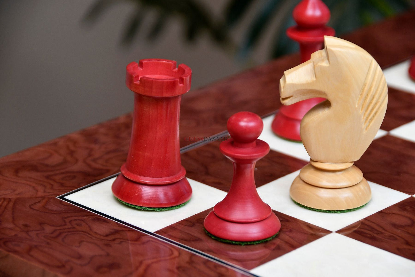 The 1950s Soviet (Russian) Latvian Chess Pieces in Stained Crimson / Box Wood With Board & Box - 4.1" King