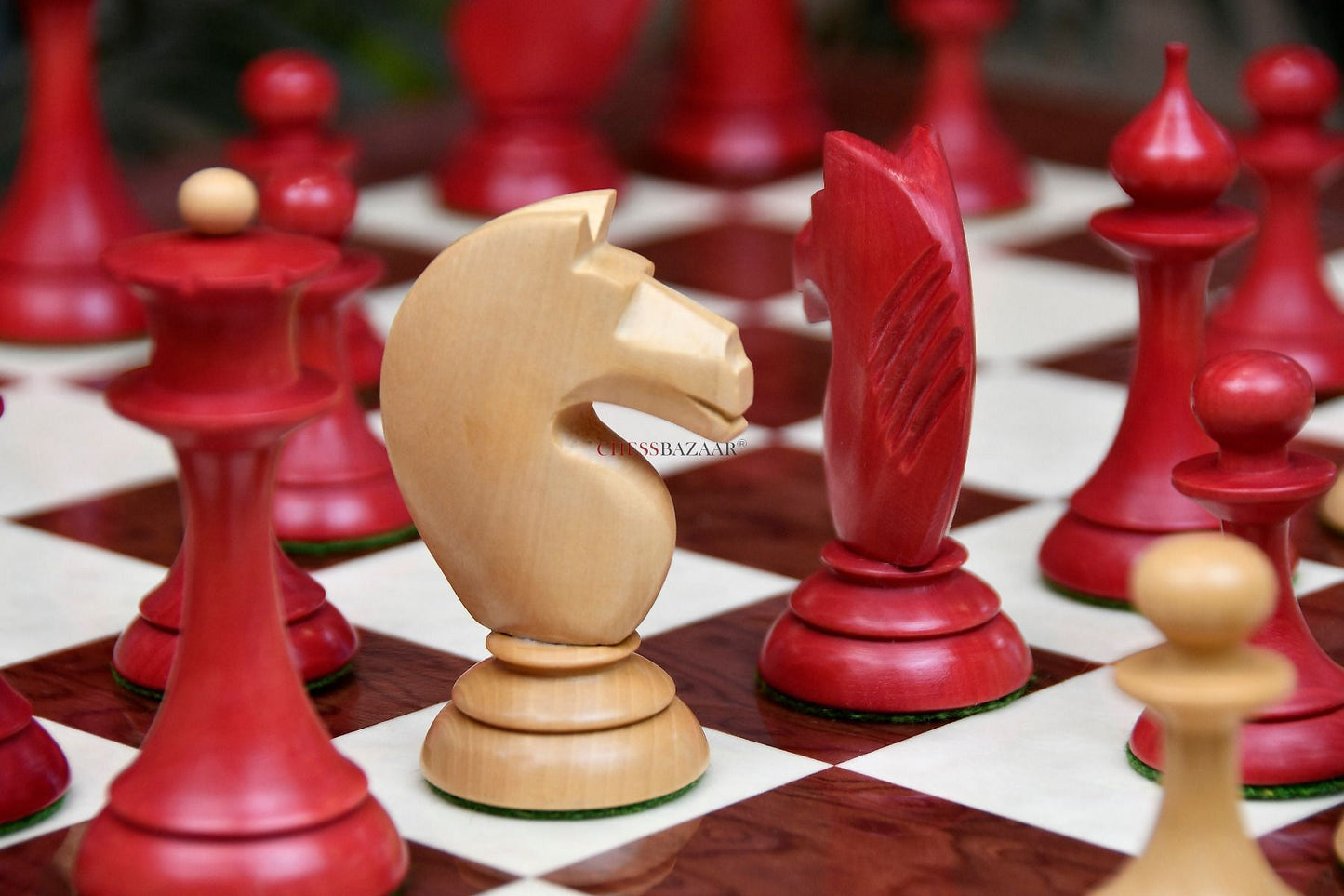The 1950s Soviet (Russian) Latvian Chess Pieces in Stained Crimson / Box Wood With Board & Box - 4.1" King