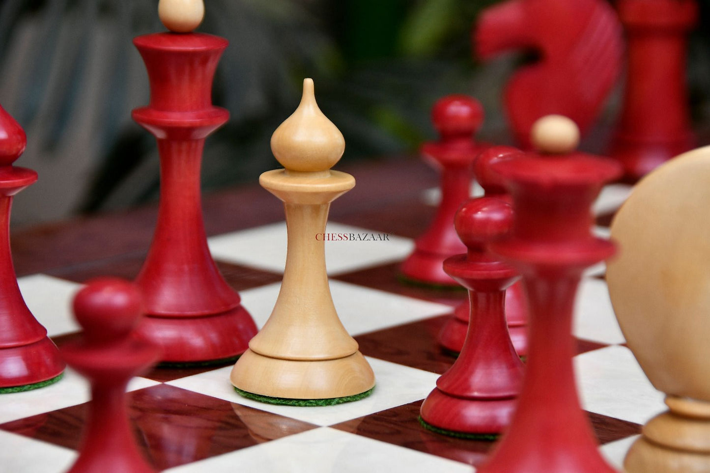 The 1950s Soviet (Russian) Latvian Chess Pieces in Stained Crimson / Box Wood With Board & Box - 4.1" King