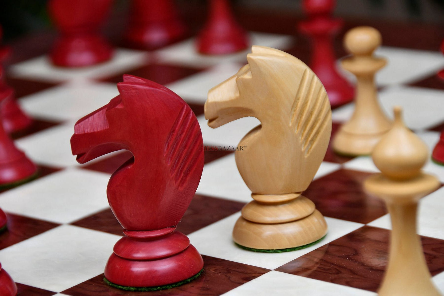 The 1950s Soviet (Russian) Latvian Chess Pieces in Stained Crimson / Box Wood With Board & Box - 4.1" King