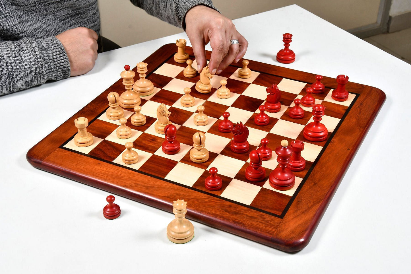 Repro Vintage 1930 German Knubbel Chess Set in Stained Crimson / Boxwood - 3" King with Board
