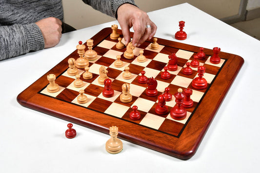 Repro Vintage 1930 German Knubbel Chess Set in Stained Crimson / Boxwood - 3" King with Board