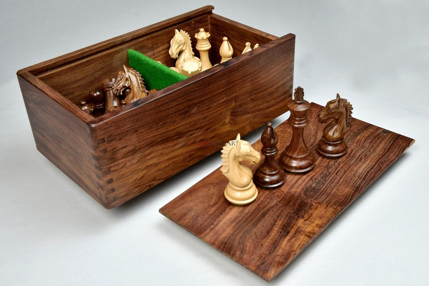 Combo of Derby Knight Staunton Weighted Chess Pieces in Sheesham & Boxwood With Board & Box - 4.1" King