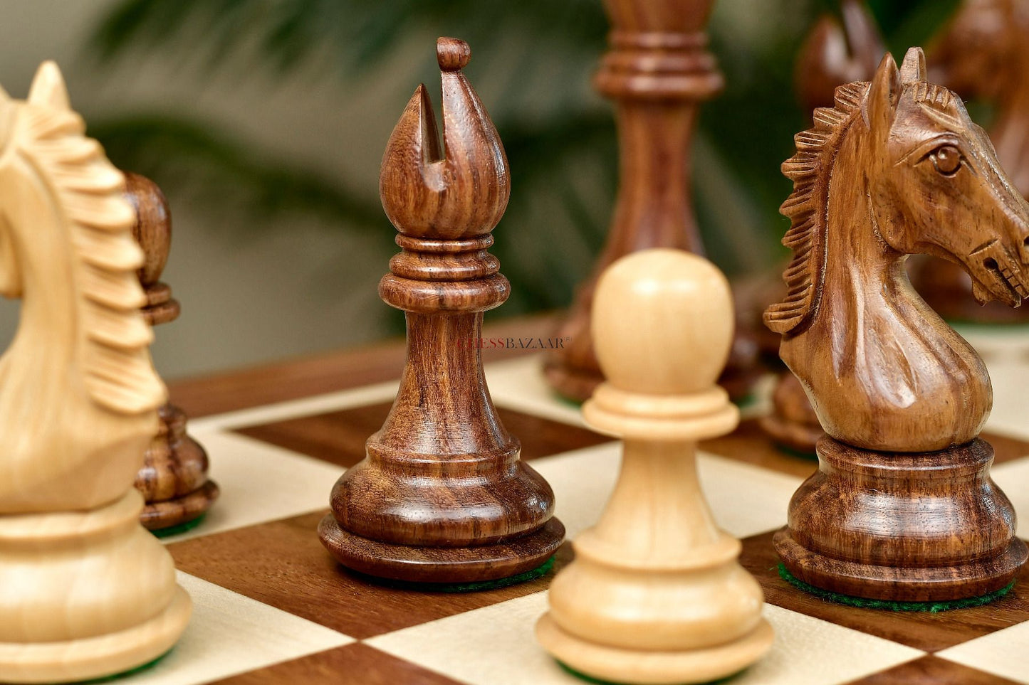 Combo of Derby Knight Staunton Weighted Chess Pieces in Sheesham & Boxwood With Board & Box - 4.1" King