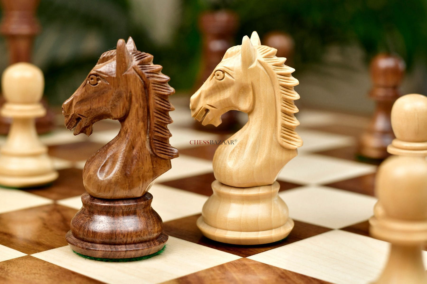 Combo of Derby Knight Staunton Weighted Chess Pieces in Sheesham & Boxwood With Board & Box - 4.1" King