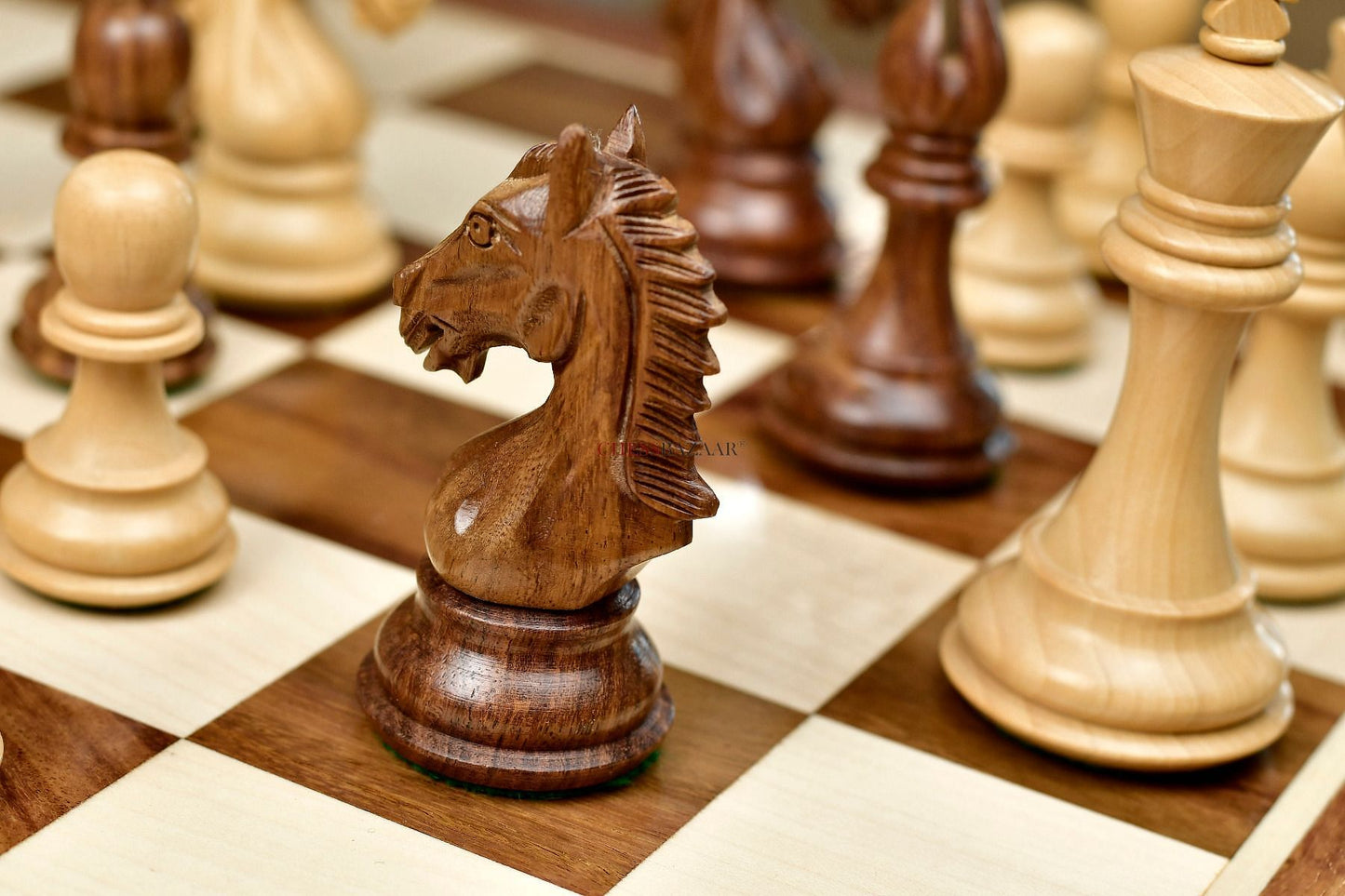 Combo of Derby Knight Staunton Weighted Chess Pieces in Sheesham & Boxwood With Board & Box - 4.1" King