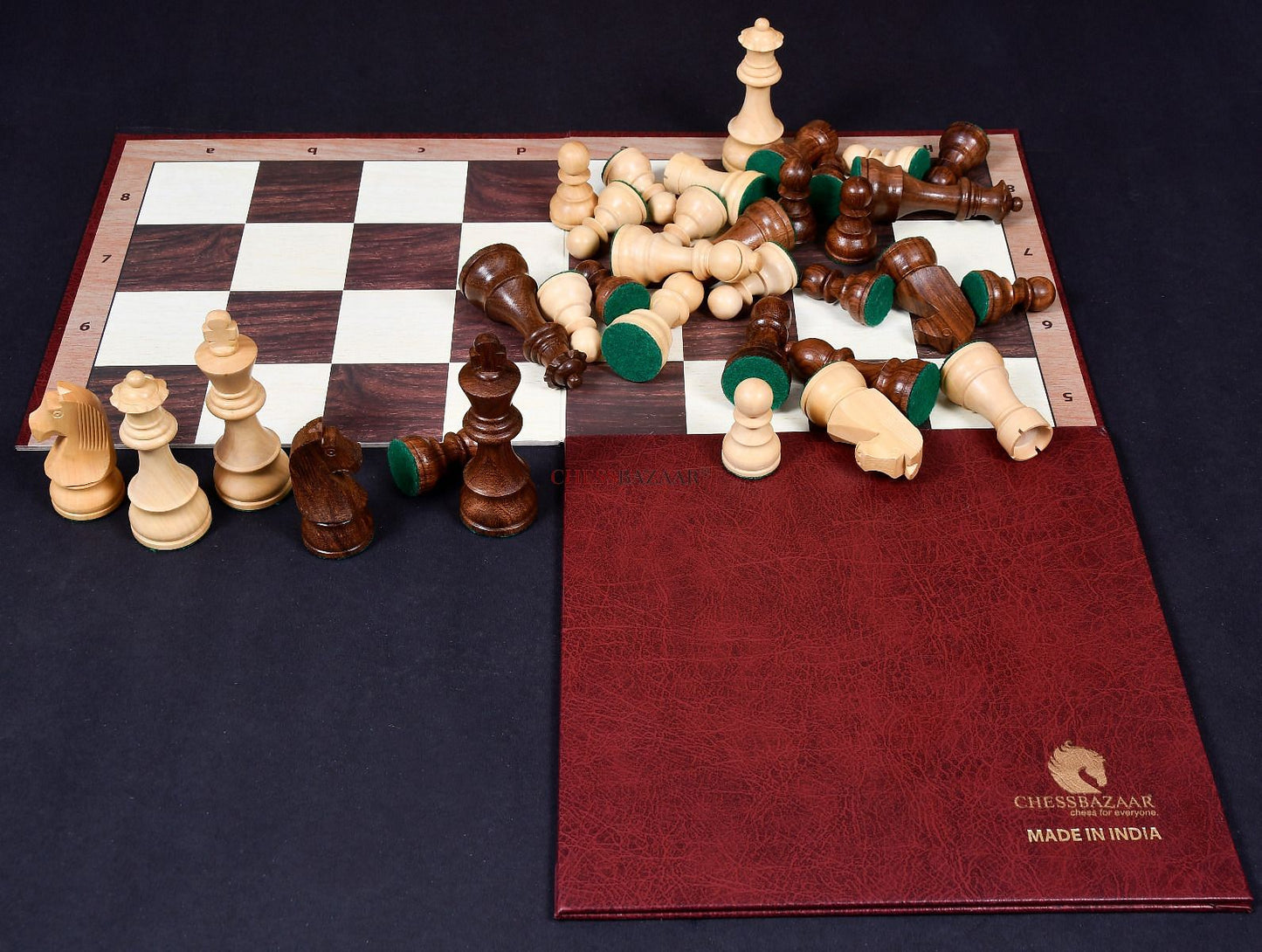 Combo of Tournament Series Staunton Chess Pieces with German Knight in Sheesham & Box Wood - 3.75" King with Folding Cardboard Chess Board & Storage Pouch