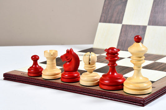 Reproduced Vintage 1930 Knubbel Analysis Chess Pieces in Stained Crimson and Boxwood with Folding Chessboard- 3" King