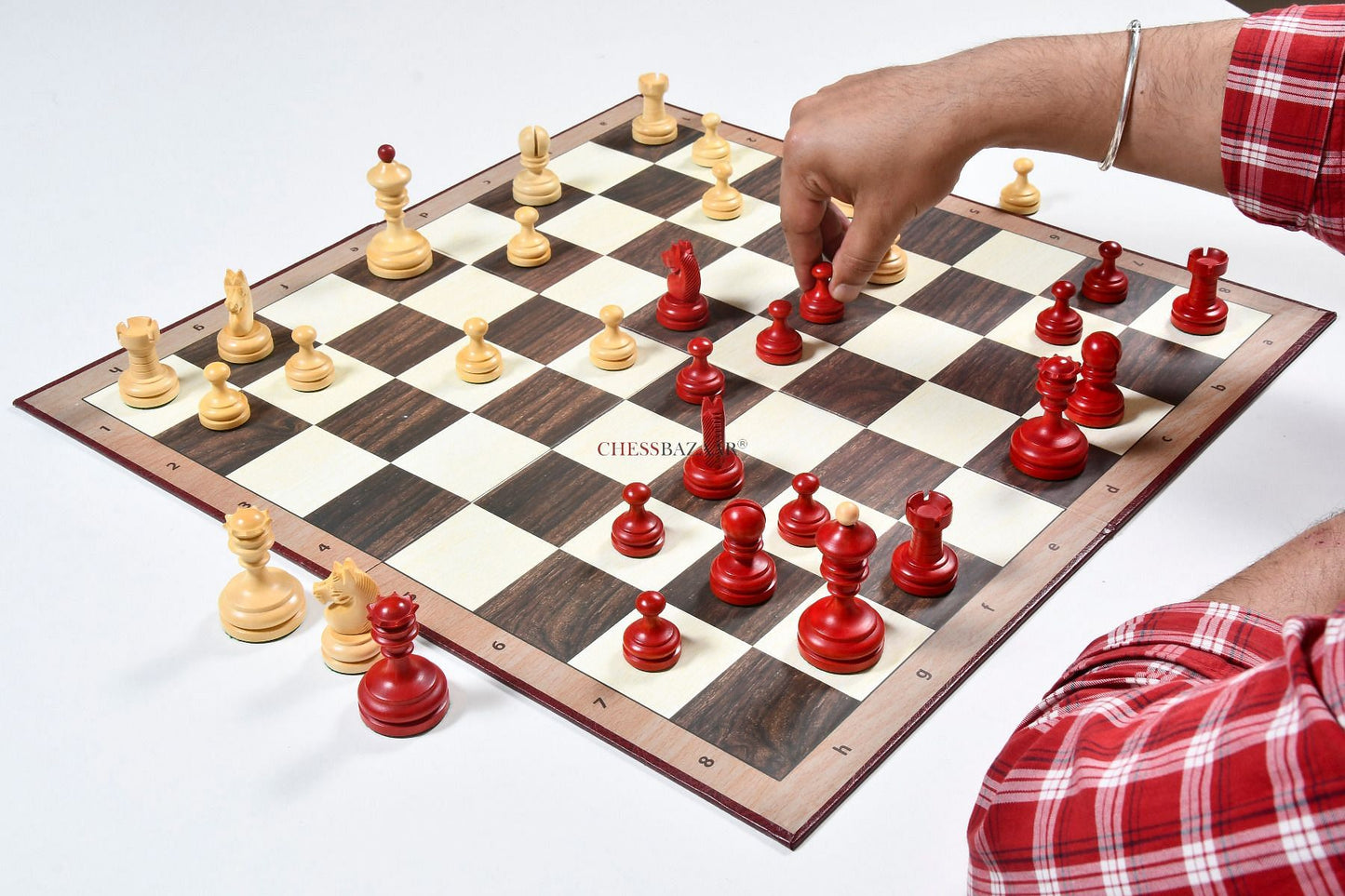 Reproduced Vintage 1930 Knubbel Analysis Chess Pieces in Stained Crimson and Boxwood with Folding Chessboard- 3" King