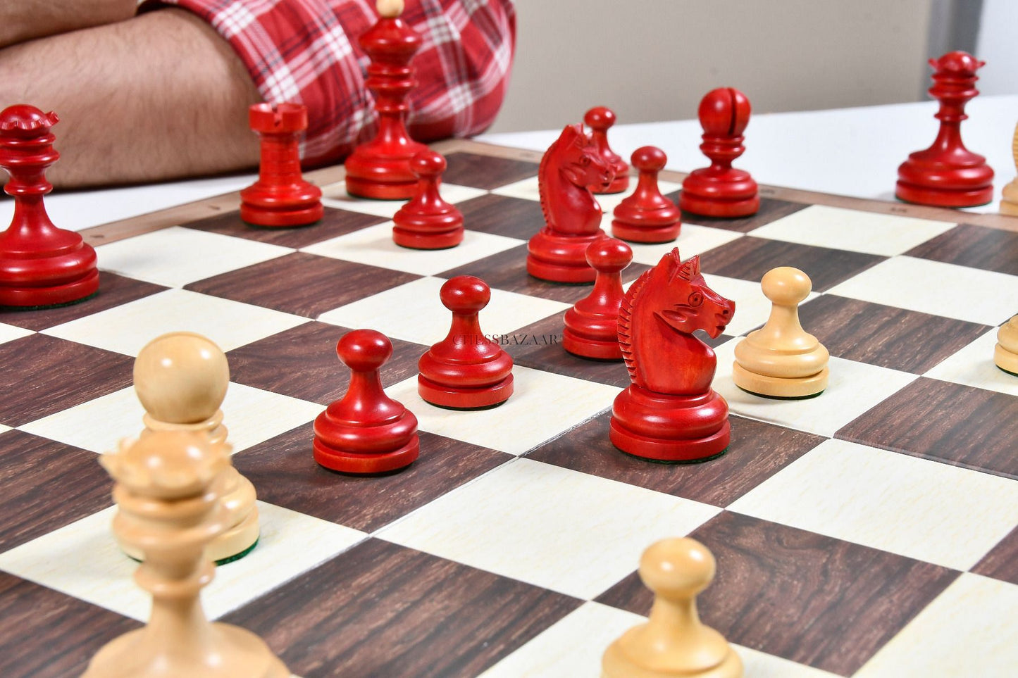 Reproduced Vintage 1930 Knubbel Analysis Chess Pieces in Stained Crimson and Boxwood with Folding Chessboard- 3" King