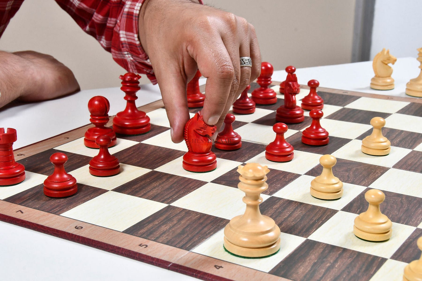 Reproduced Vintage 1930 Knubbel Analysis Chess Pieces in Stained Crimson and Boxwood with Folding Chessboard- 3" King