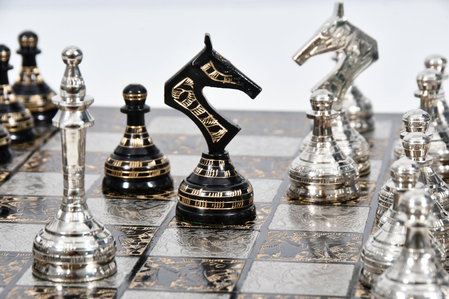 Brass Metal Luxury Chess Pieces with Board Combo in Shiny Silver and Black Color