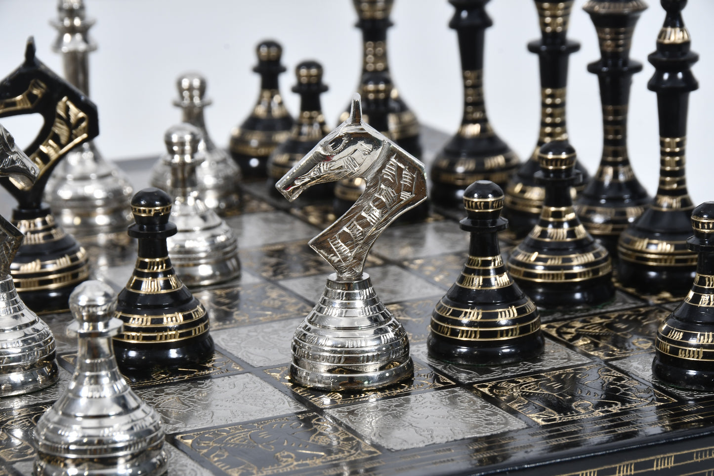 Brass Metal Luxury Chess Pieces with Board Combo in Shiny Silver and Black Color