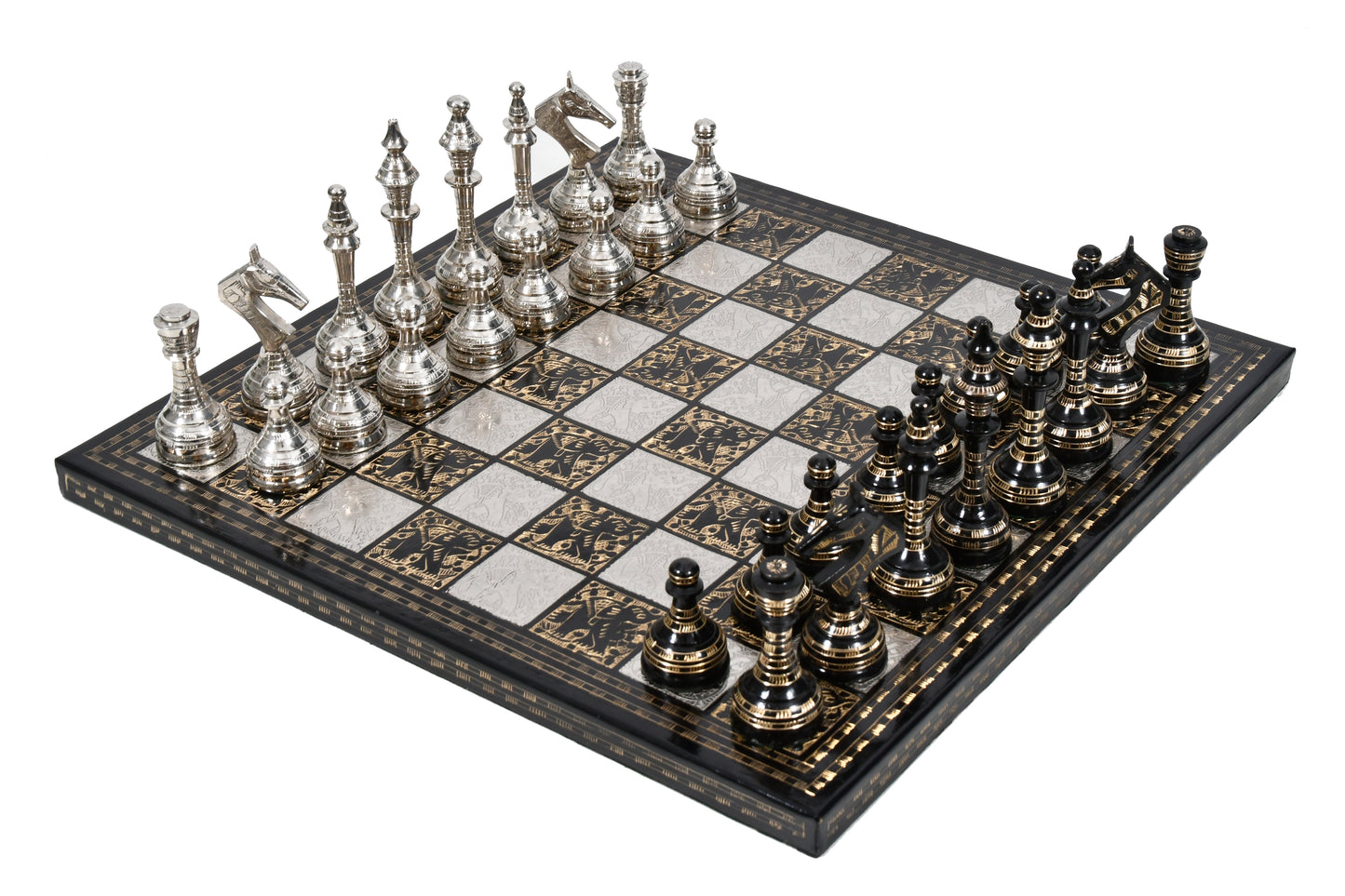 Brass Metal Luxury Chess Pieces with Board Combo in Shiny Silver and Black Color