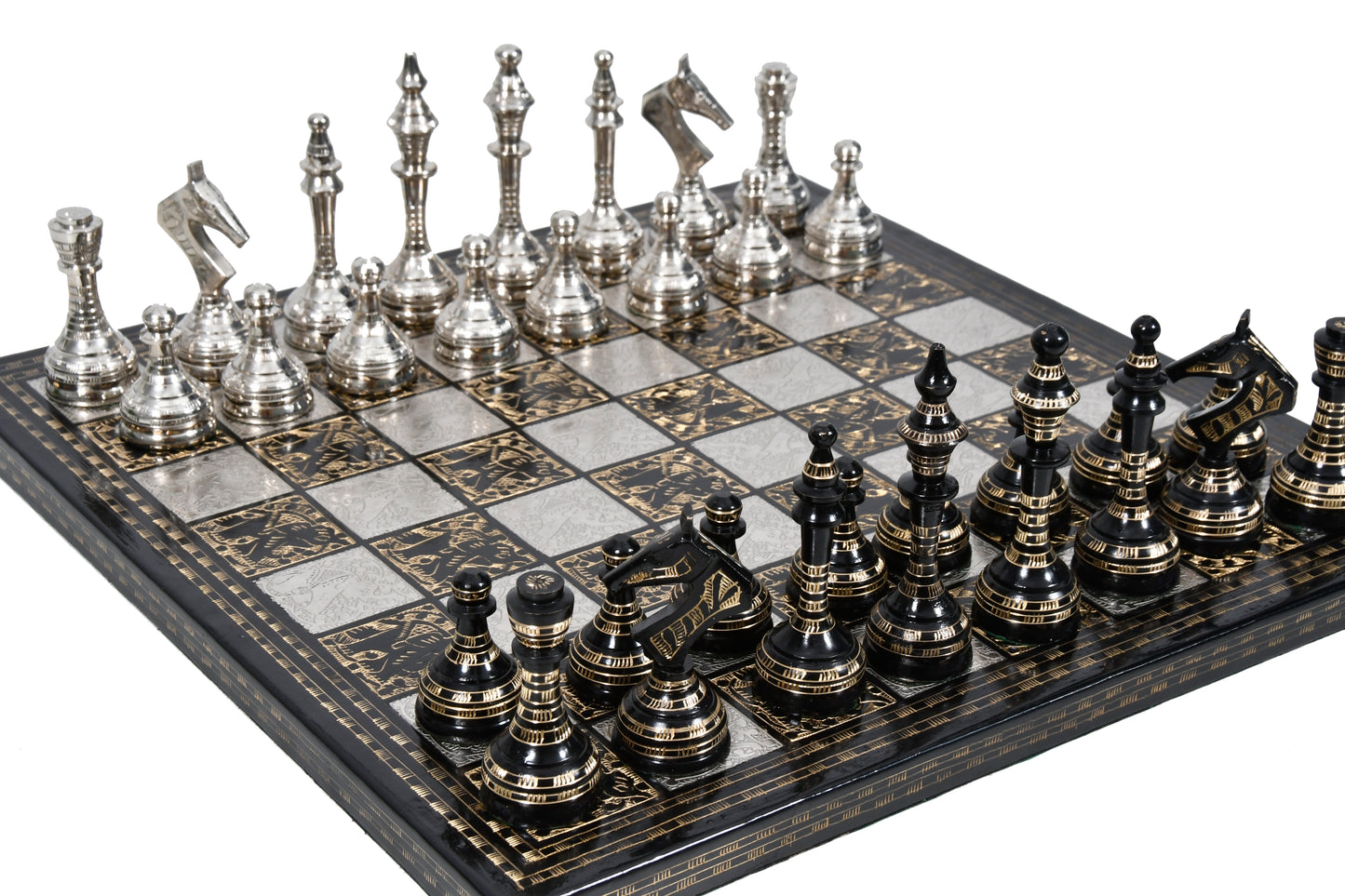 Brass Metal Luxury Chess Pieces with Board Combo in Shiny Silver and Black Color