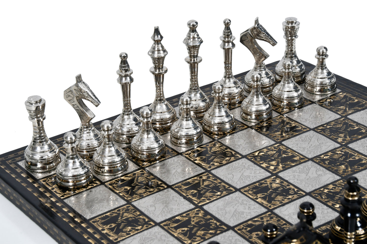 Brass Metal Luxury Chess Pieces with Board Combo in Shiny Silver and Black Color