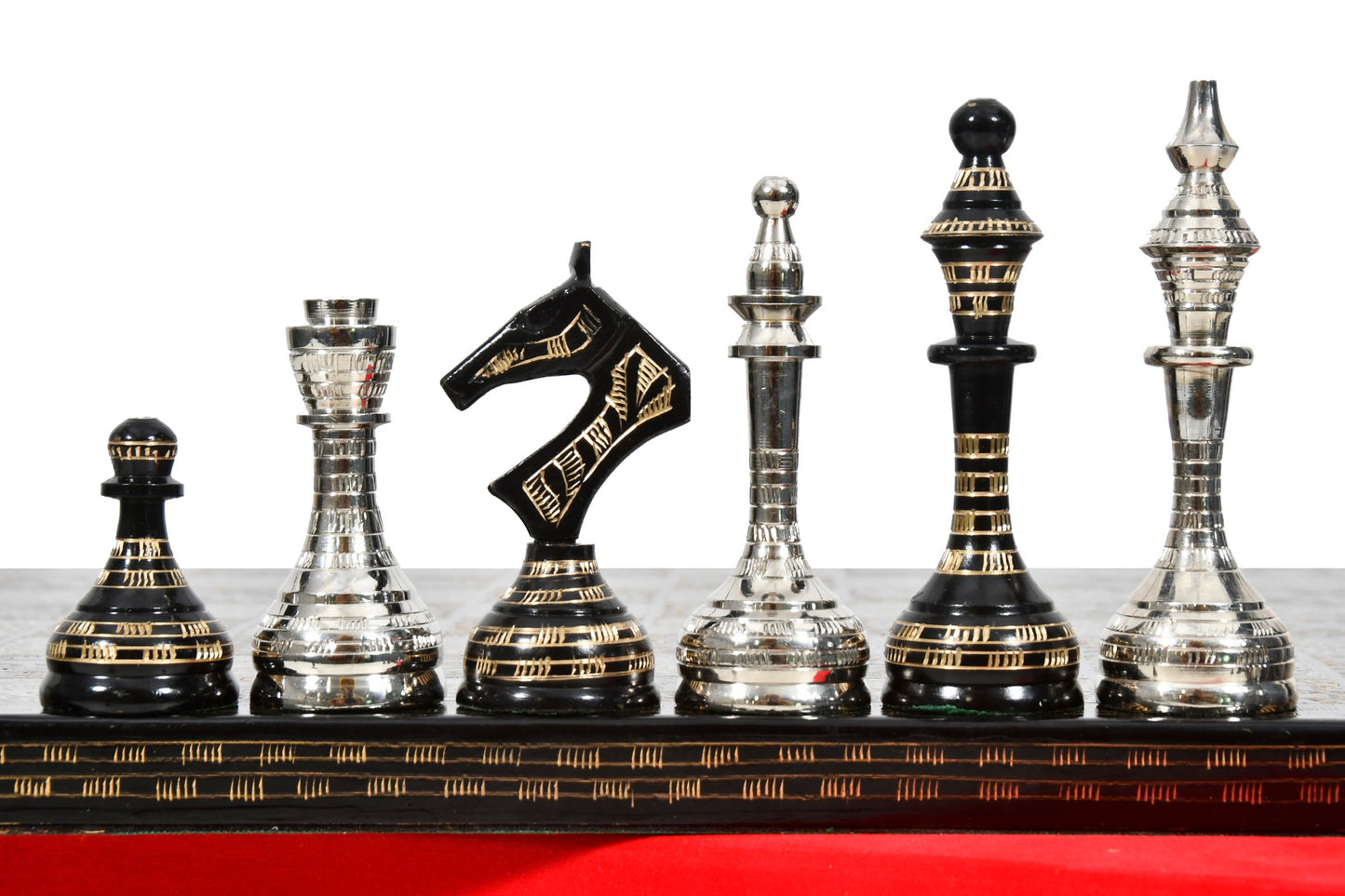 Brass Metal Luxury Chess Pieces with Board Combo in Shiny Silver and Black Color